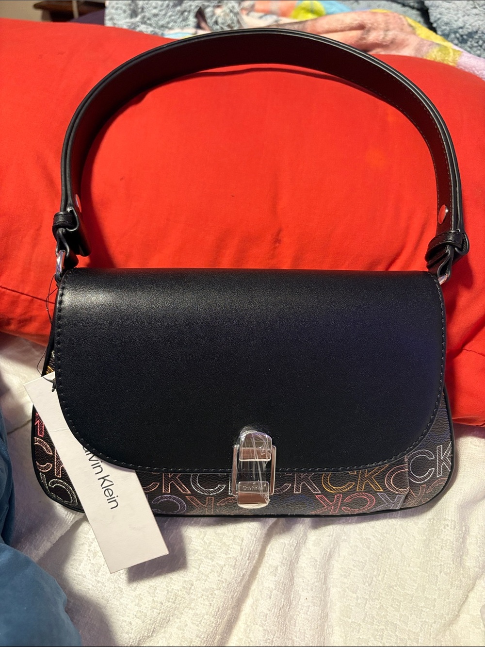 Calvin Klein Black Signature Logo Shoulder Bag with Silver Clasp